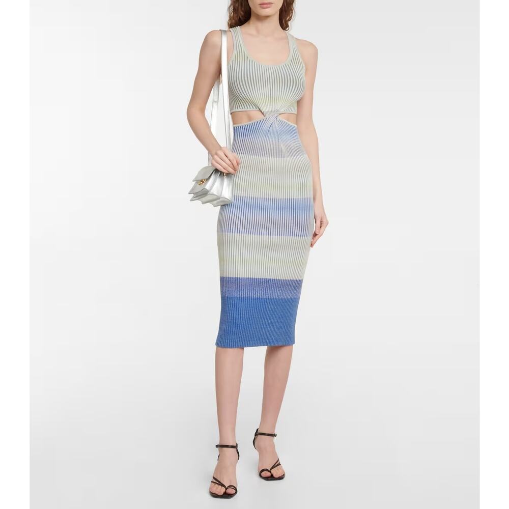 Jonathan Simkhai Colleen Striped Midi Rib Knit Dress Blue Space Dye Cutout S